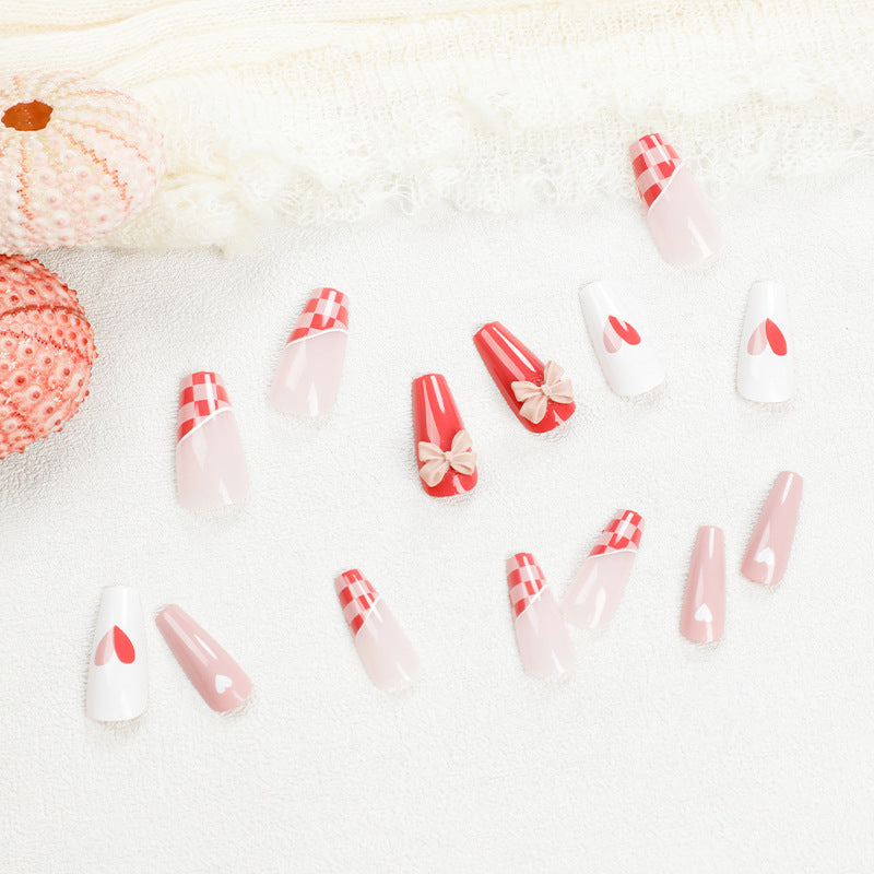 冰透葡萄柚紅格紋穿戴甲｜亮白款｜批發｜365nails