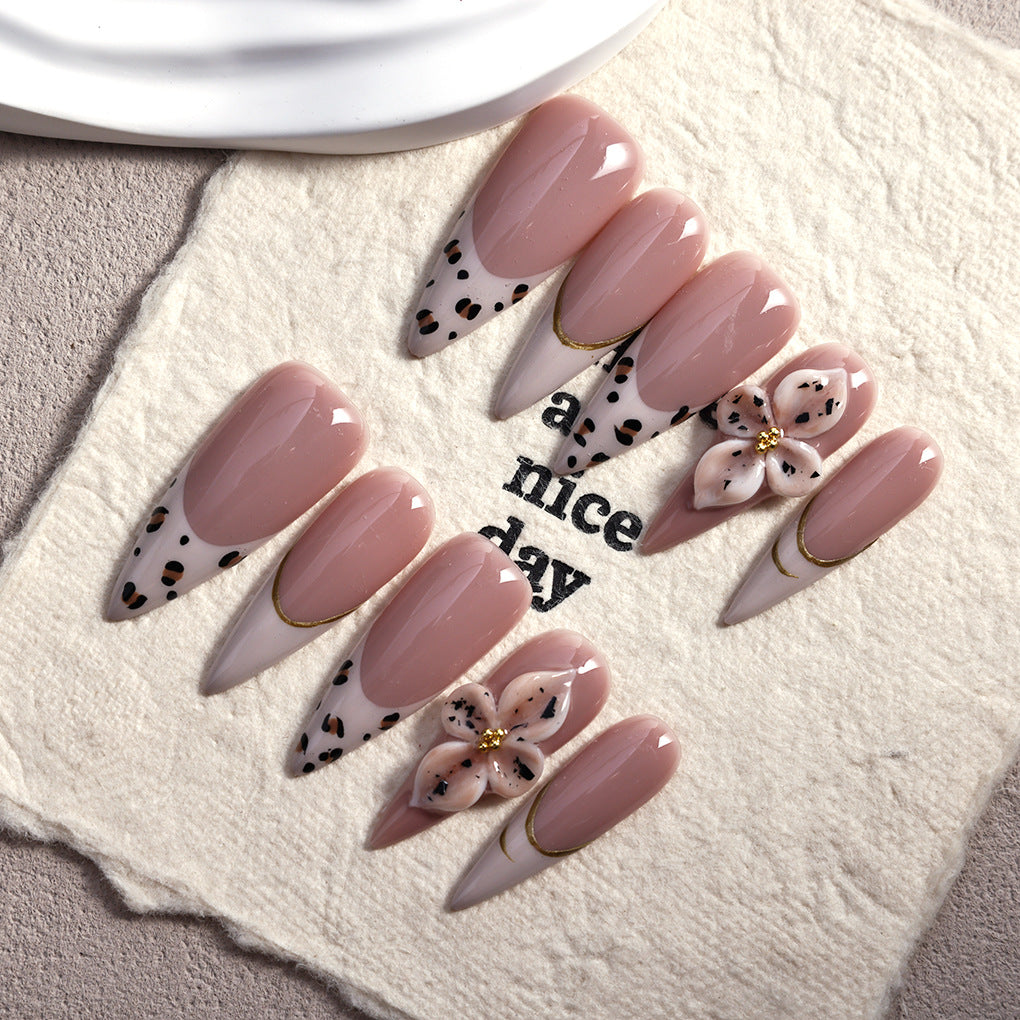 Blush Leopard Floral French Elegant Press On Nails