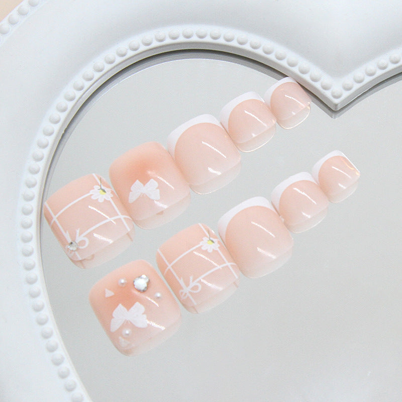 Light Dream White Butterfly Blush Love Flash Diamond Pearl ins Wind Press-on toenails Nail Finished Removable 24 Pieces｜365nails