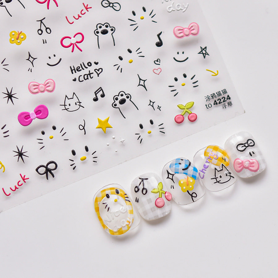Cute Black Cat & Cherry: "Paw-sitive Sweet Day" – 5D Embossed Nail Sticker