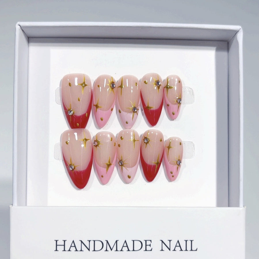 Starry Plum: "Red French Star" - Almond Shape Handmade Press-On Nails