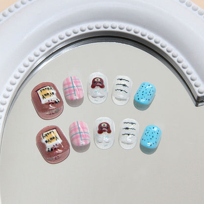 Brown three-dimensional bear fine flash cat eye blue pink kids nails｜365nails