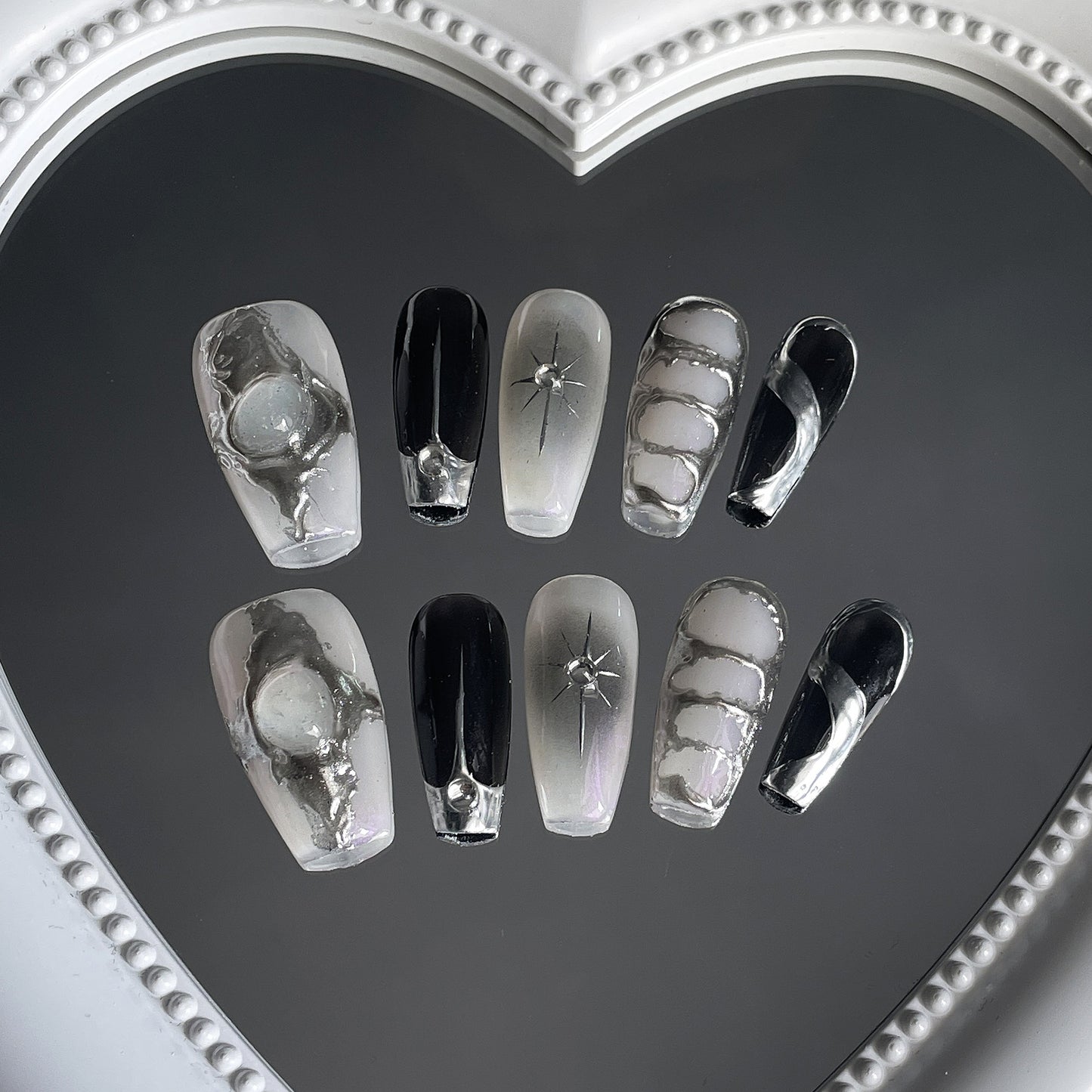 365nails Avant-Garde: "Monochrome Eclipse" – Long Coffin 3D Sculpture & Silver Line Art Press On Nails 24pcs