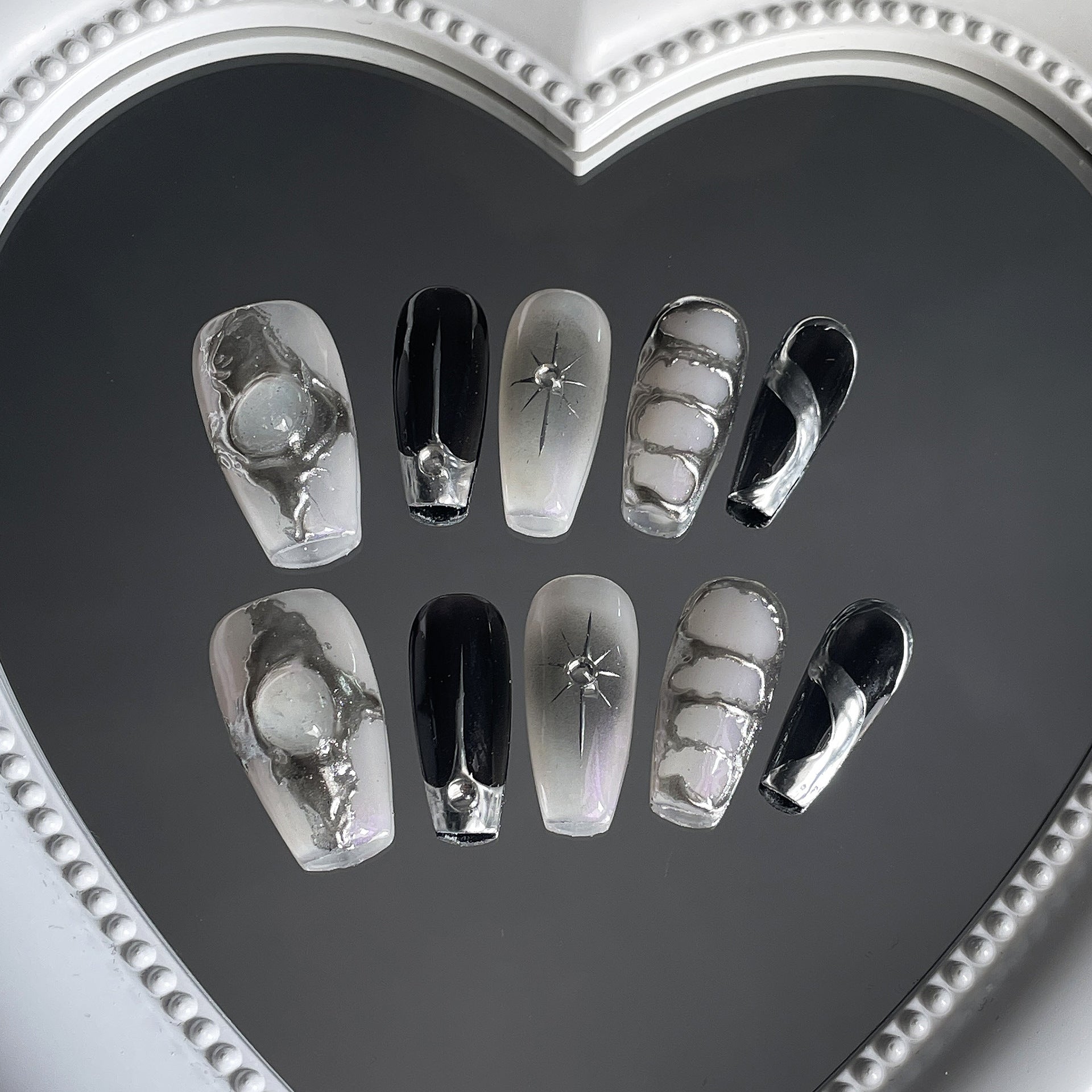 365nails Avant-Garde: "Monochrome Eclipse" – Long Coffin 3D Sculpture & Silver Line Art Press On Nails 24pcs