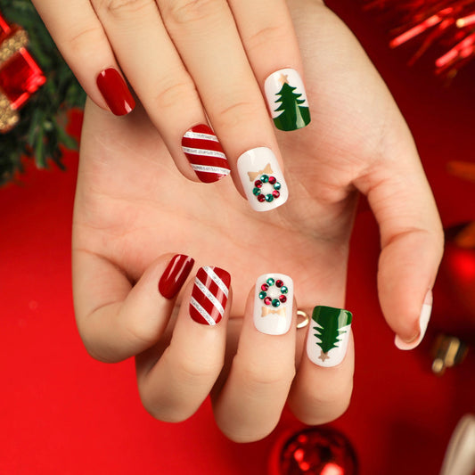 Christmas candy fake nails wholesale short nails art patch finished nails sticker press on nails removable｜365nails