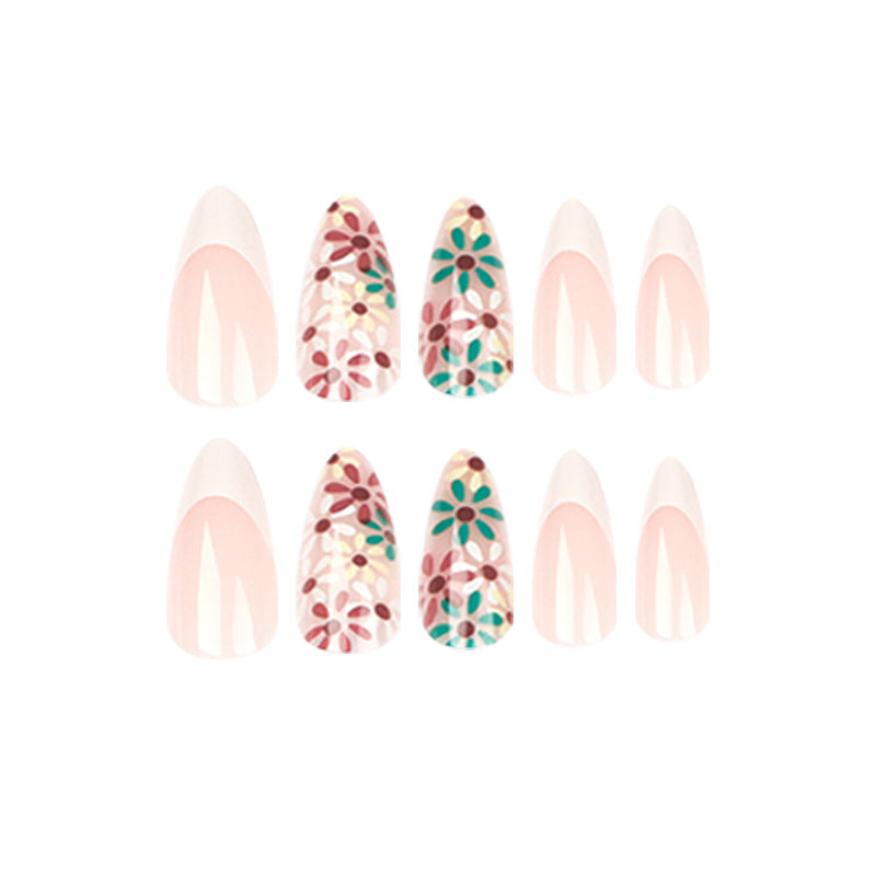 Uñas postizas con borde blanco de verano, flores francesas rojas y verdes, uñas especiales, uñas postizas, uñas postizas, uñas postizas, uñas postizas, uñas postizas｜365nails