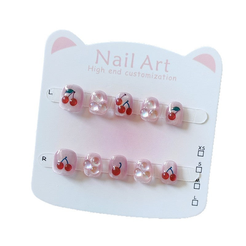 365nails: "juicy dewdrop cherry" – short round handmade kids press-on nails