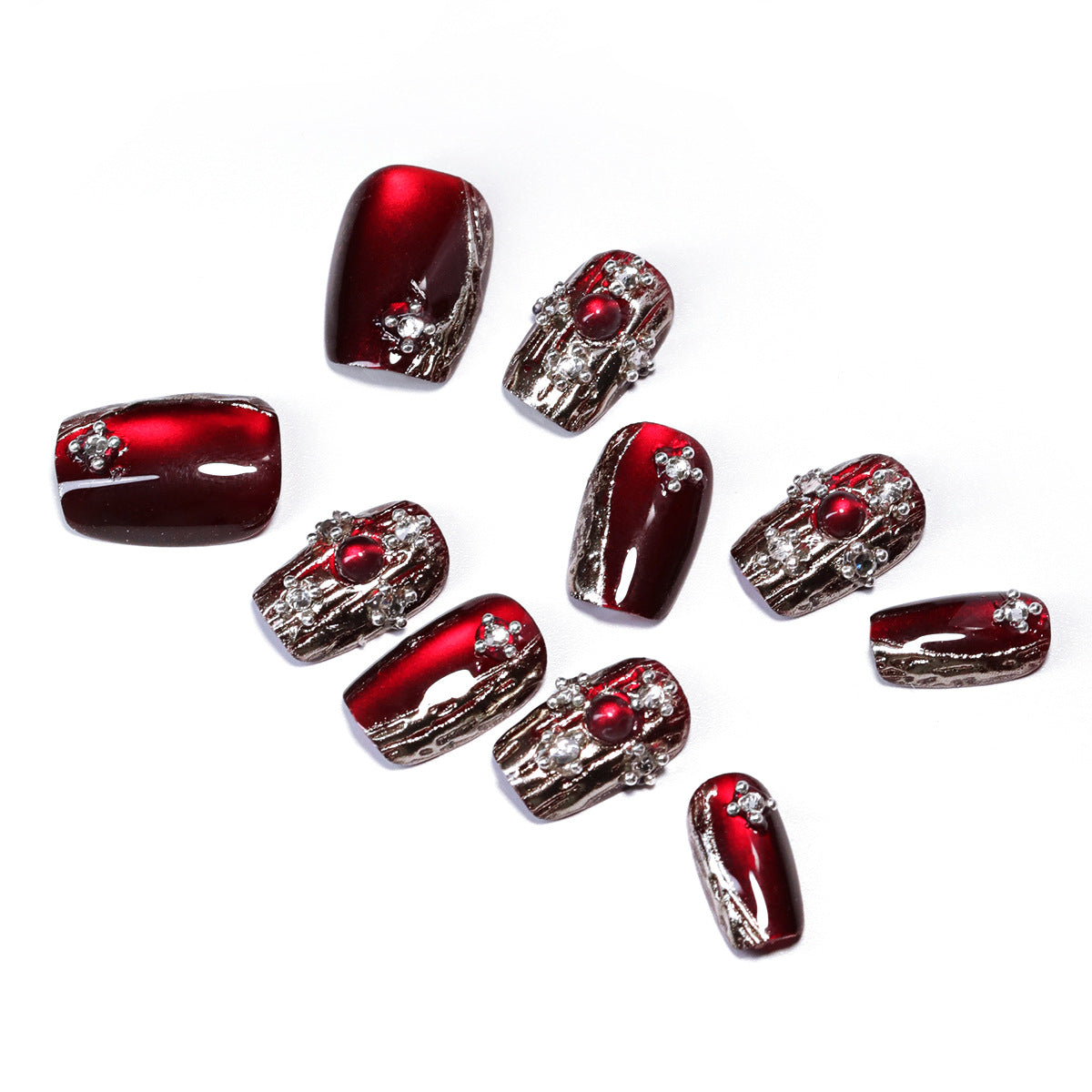 復古輕奢寶石感貓眼紅色分碼穿戴甲—閃鑽成品批發｜365nails