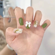 365nails: "Sage Garden" – 3D Bow & Floral Handmade Square Nails
