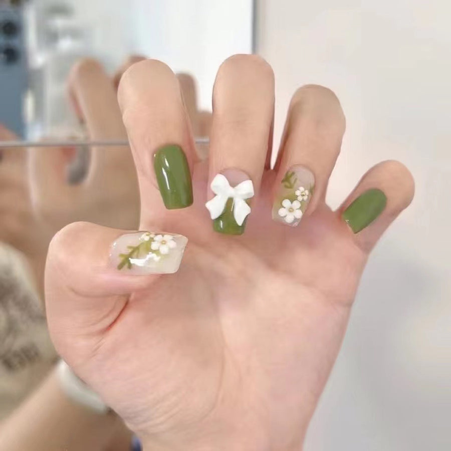 365nails: "Sage Garden" – 3D Bow & Floral Handmade Square Nails