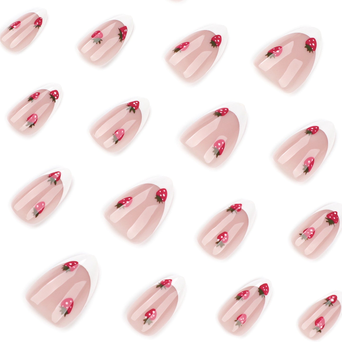 Unhas postiças francesas com bordas brancas, peça curta de unha postiça de amêndoa, morango doce, peça de unha postiça para pressionar｜365nails