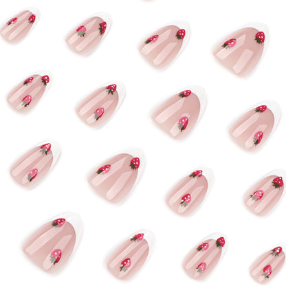 Unhas postiças francesas com bordas brancas, peça curta de unha postiça de amêndoa, morango doce, peça de unha postiça para pressionar｜365nails