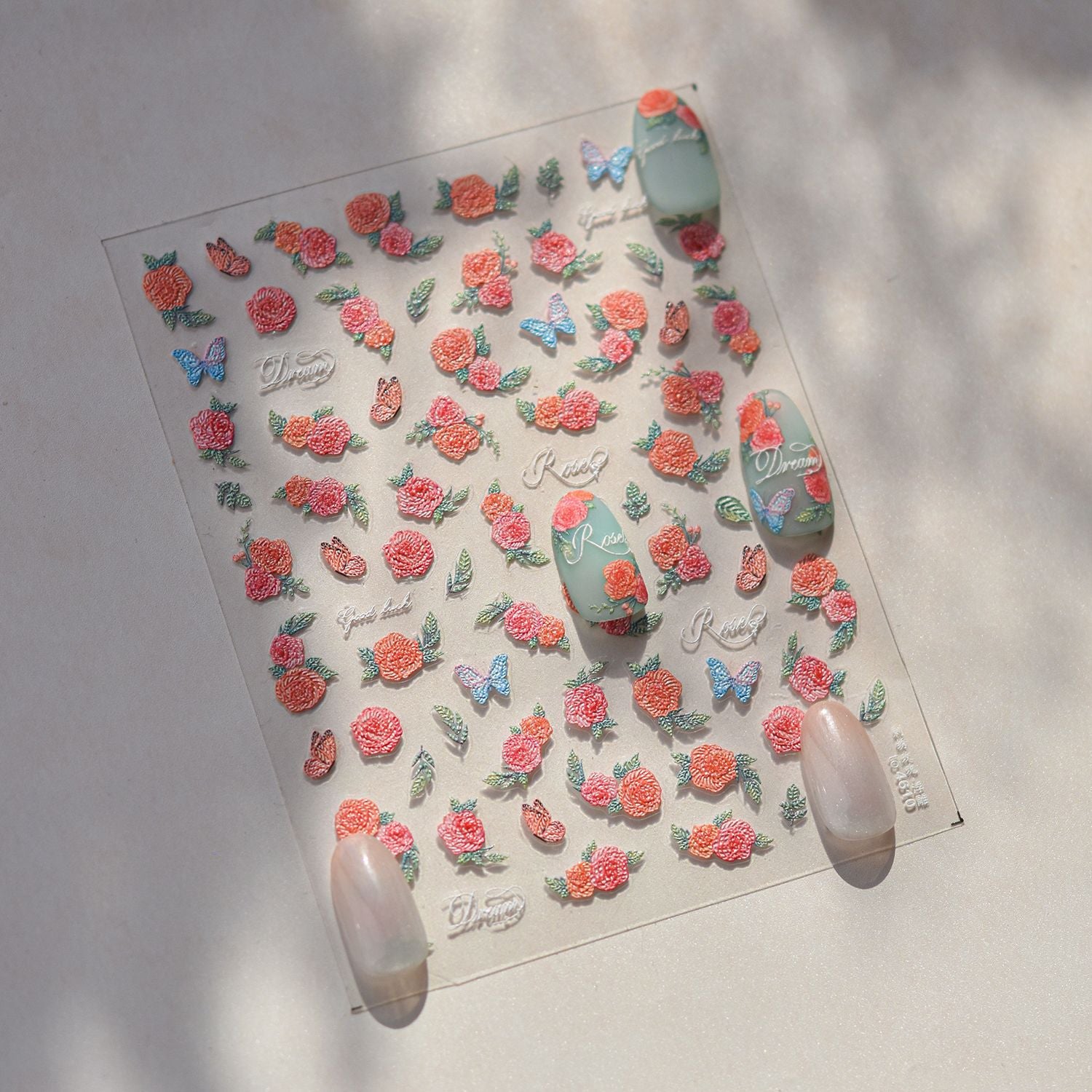 Blush Rose & Butterfly Nail Stickers – 5D Embossed Romantic Garden Set