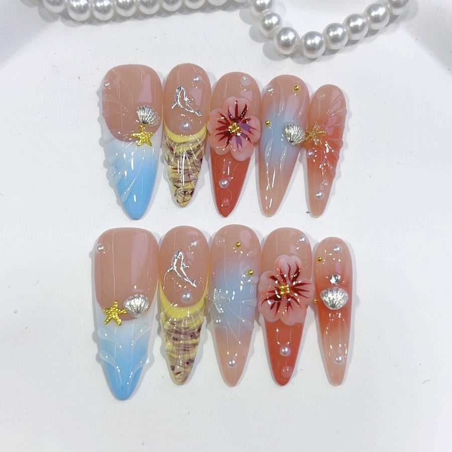 Coastal Bloom: "Seashell & Flower" – Long Almond Handmade Press On Nails