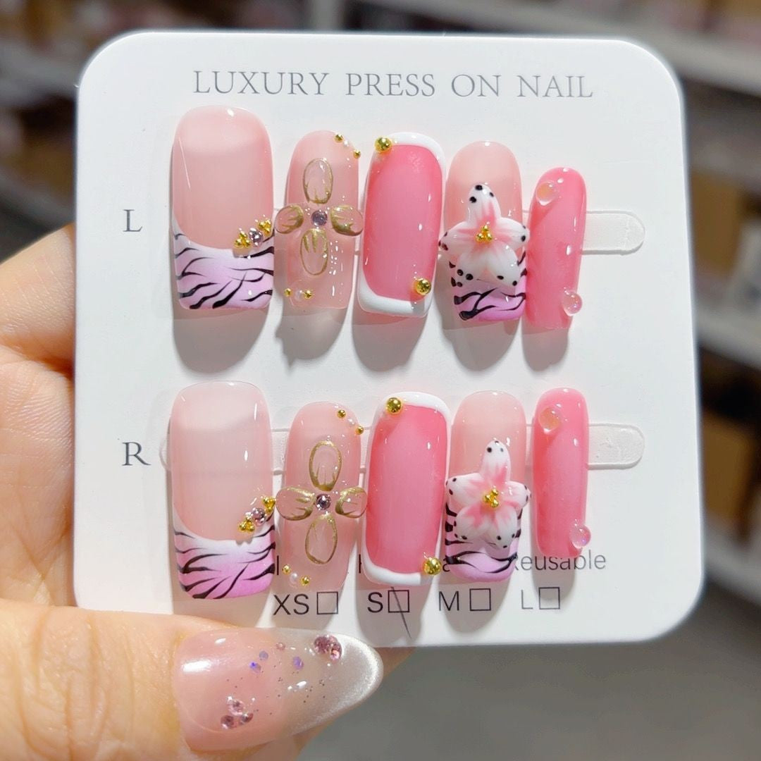365nails-Pink Wildcat: "Zebra Flower" – Square Handmade 3D Carved Press-On Nails