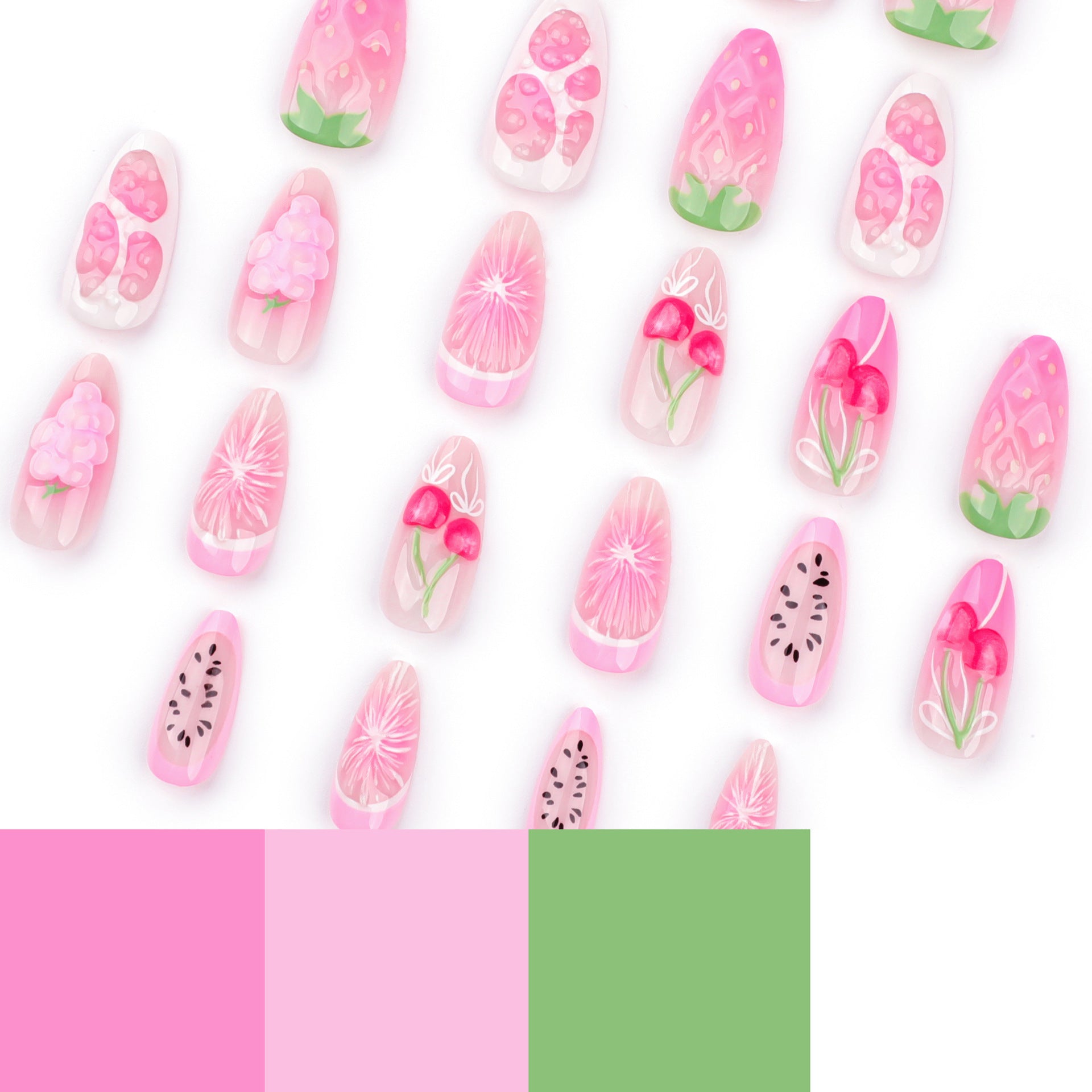 Sweet pink fresh fruit wearing nail cherry strawberry nail art fake nail 3D popular nail patch