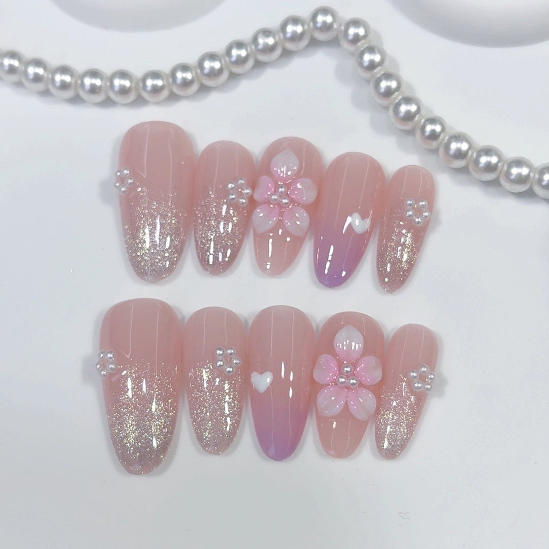 Lueur Sakura : « Fleur Rose et Paillettes » – Ongles press-on forme amande