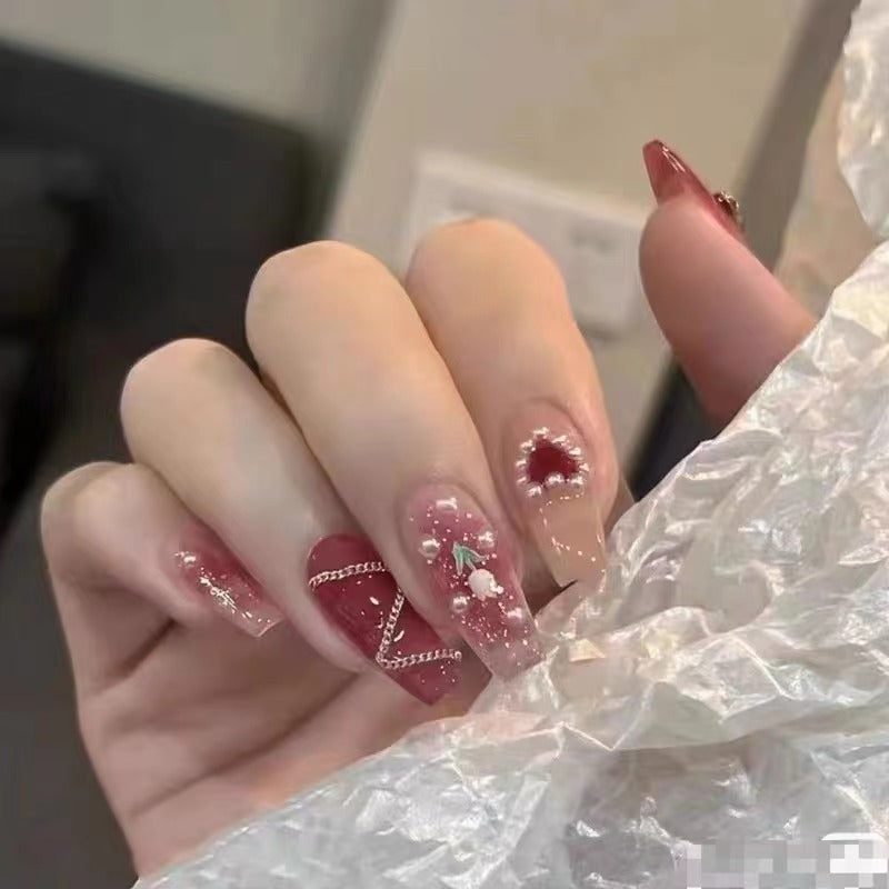 365nails: "Ruby Kiss" – 3D Heart & Rhinestone Handmade Medium Almond Nails