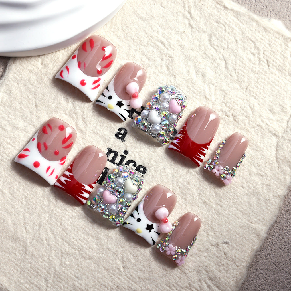 Red Kitty Crystal Cute Press On Nails