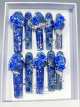 Ocean Blue Rose Sculpted Crystal Fantasy Press On Nails