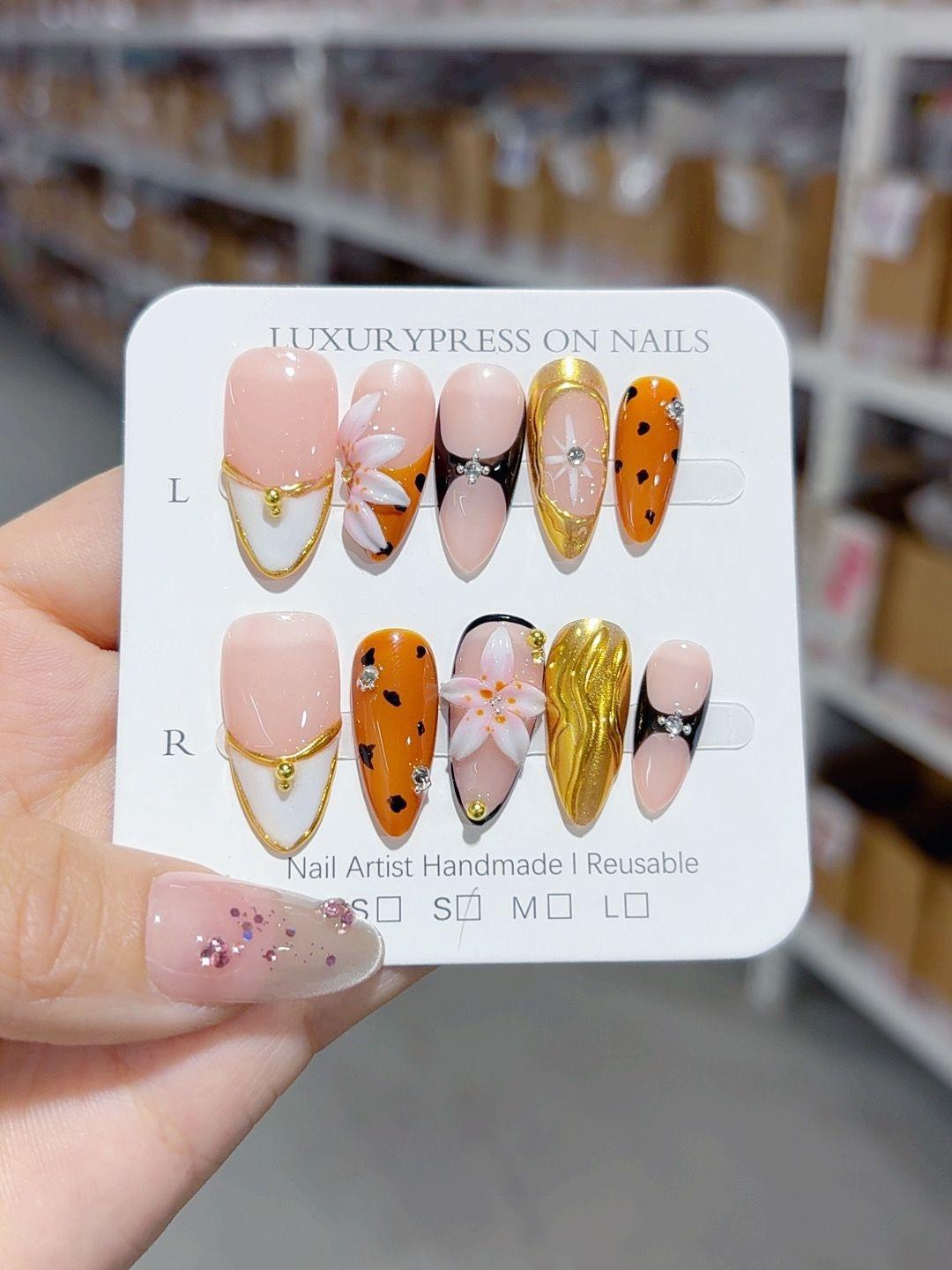 Wild Bloom: "Amber Leopard Lily" – Almond Press-On Nails
