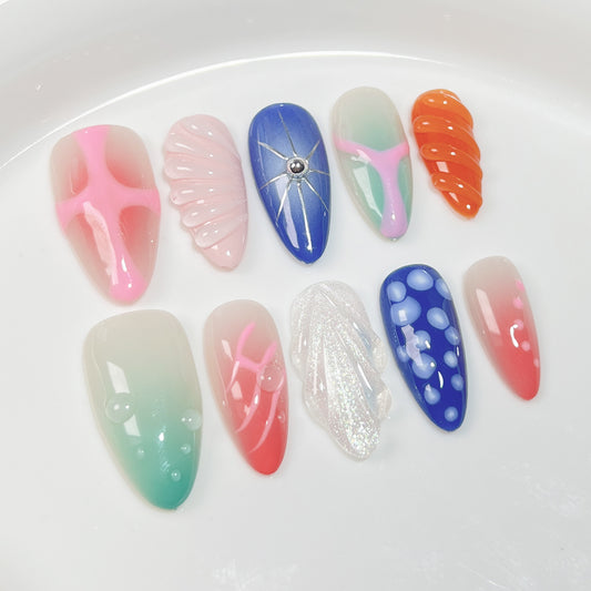 Handmade press on nails Dream Sea Fresh, Elegant and Gentle Cute Wind Long Nail Art Almond Nail｜365nails