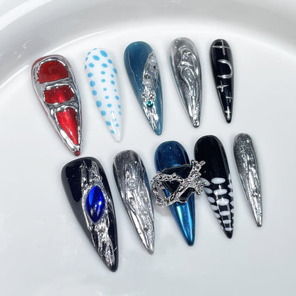 Long-pointed Handmade press on nails sweet cool Spice Girls Heavy Industry metal relief long nail patch fake nail wholesale｜365nails