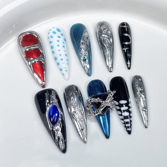 Long-pointed Handmade press on nails sweet cool Spice Girls Heavy Industry metal relief long nail patch fake nail wholesale｜365nails