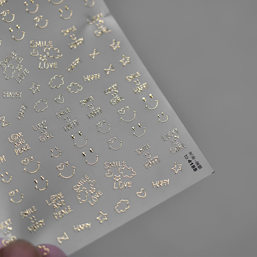 Silver Happy Icon Nail Stickers – 5D Embossed Minimalist Cheer Set