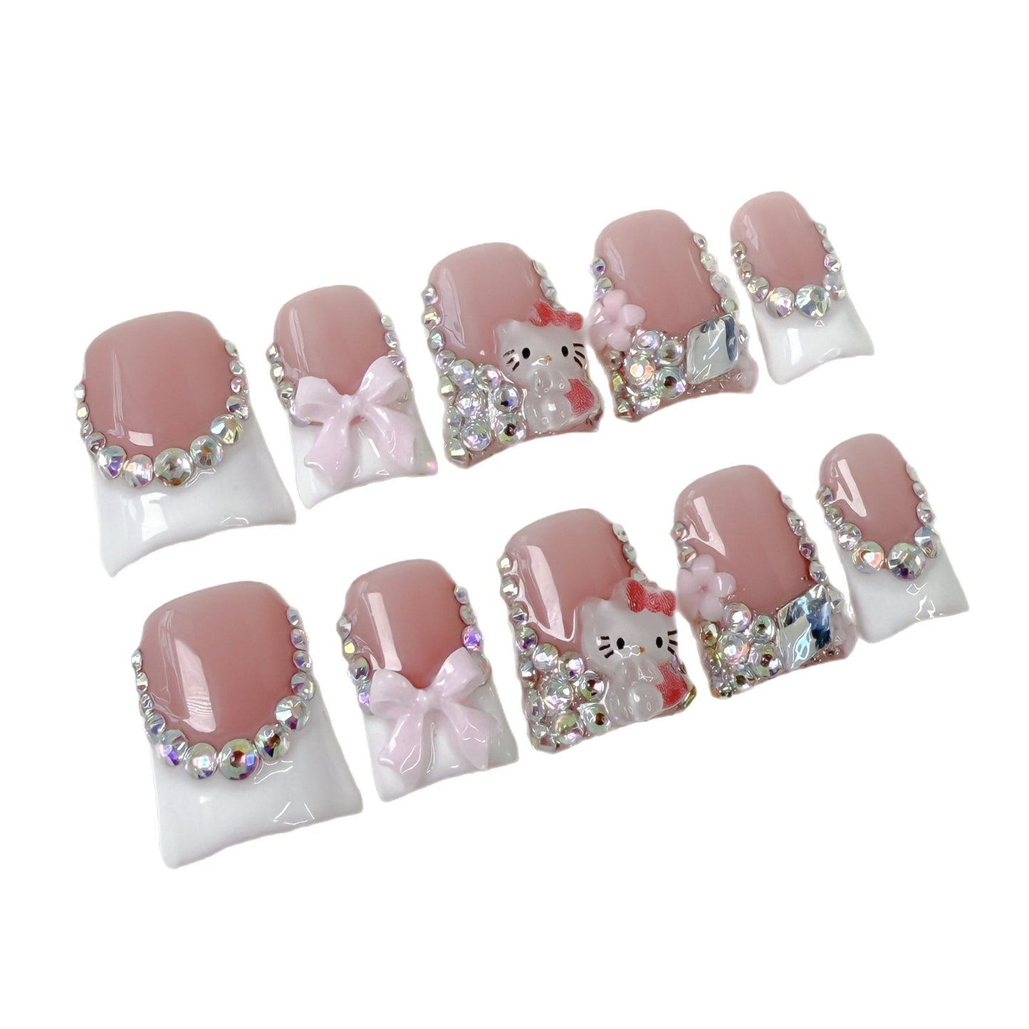 Doce laço fofo KT gato bico de pato unha gelo através de flash francês unhas postiças feitas à mão ｜ 365nails