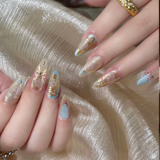 Monet style  hot-selling press on nails love flower wearing fake nail manicure short almond nail piece｜365nails