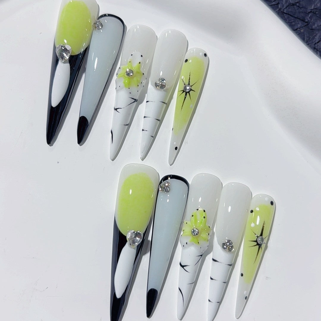 Abstract Lime Accent Extra Long Press On Nails