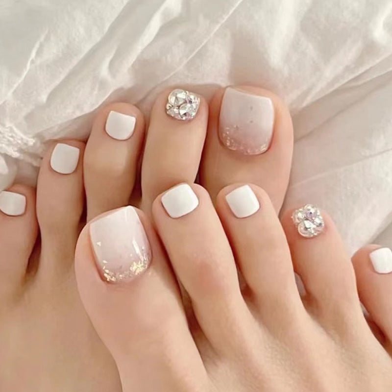 Peça de unha curta branca finalizada, peça de unha para pé, remendo de manicure vestível, peça de unha vestível com strass brilhante, Summer｜365nails