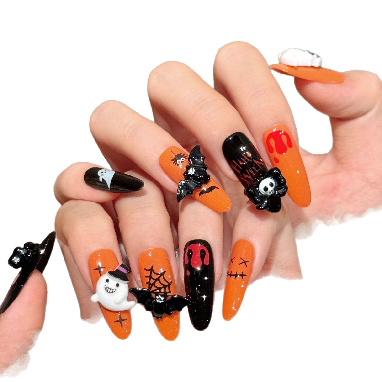 Halloween Ghost Skull Orange Black Horror Press On Nails