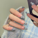 Unhas postiças removíveis com acabamento em remendo, feitas à mão, em azul-céu estrelado e brilhante, com diamantes brilhantes, atacado｜365nails