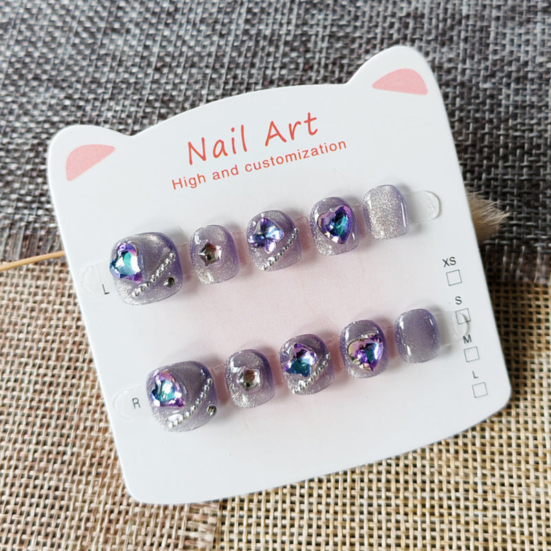 365nails: "aurora lavender starheart" – short squoval handmade kids press-on nails