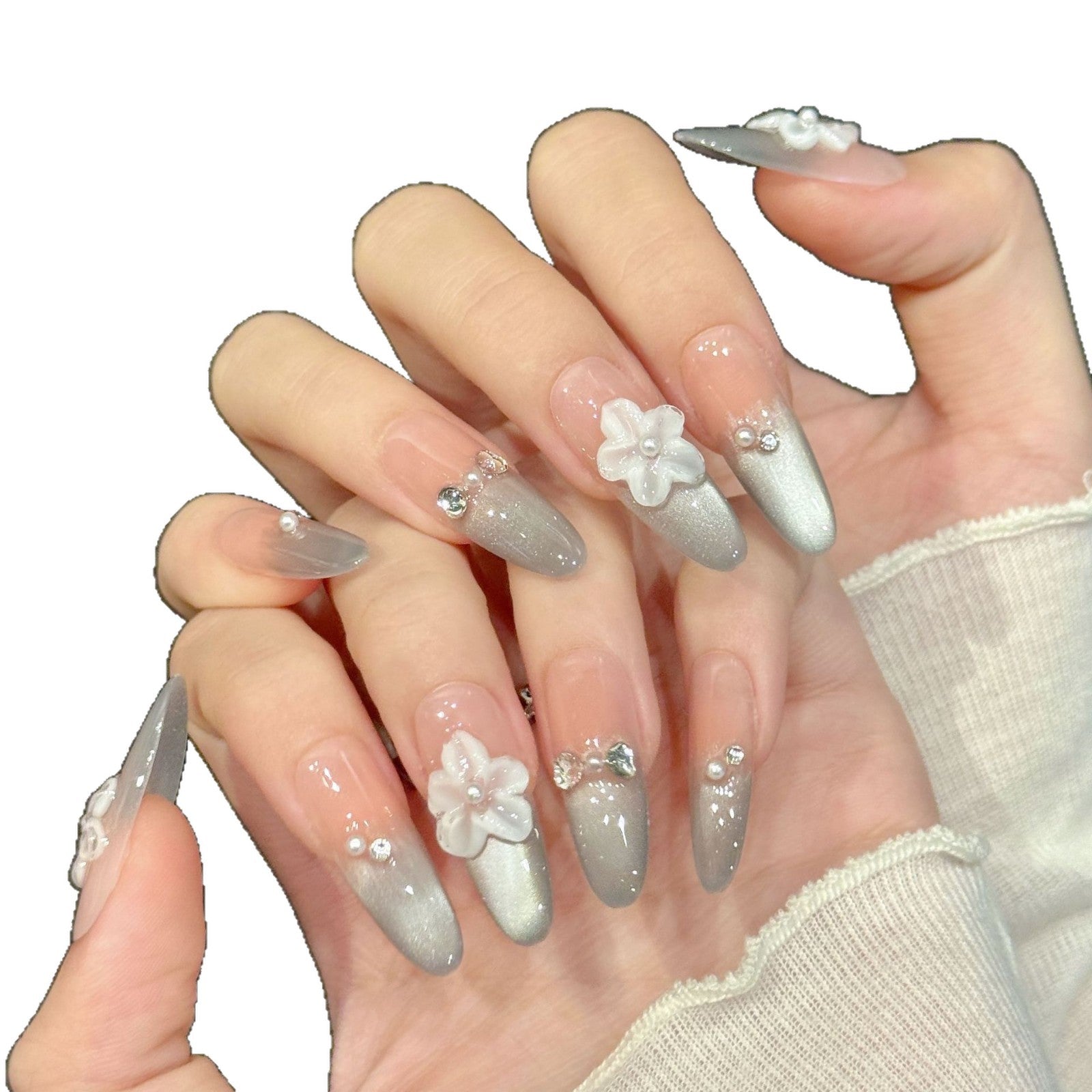 Gradient Silver Floral Embellished Press On Nails