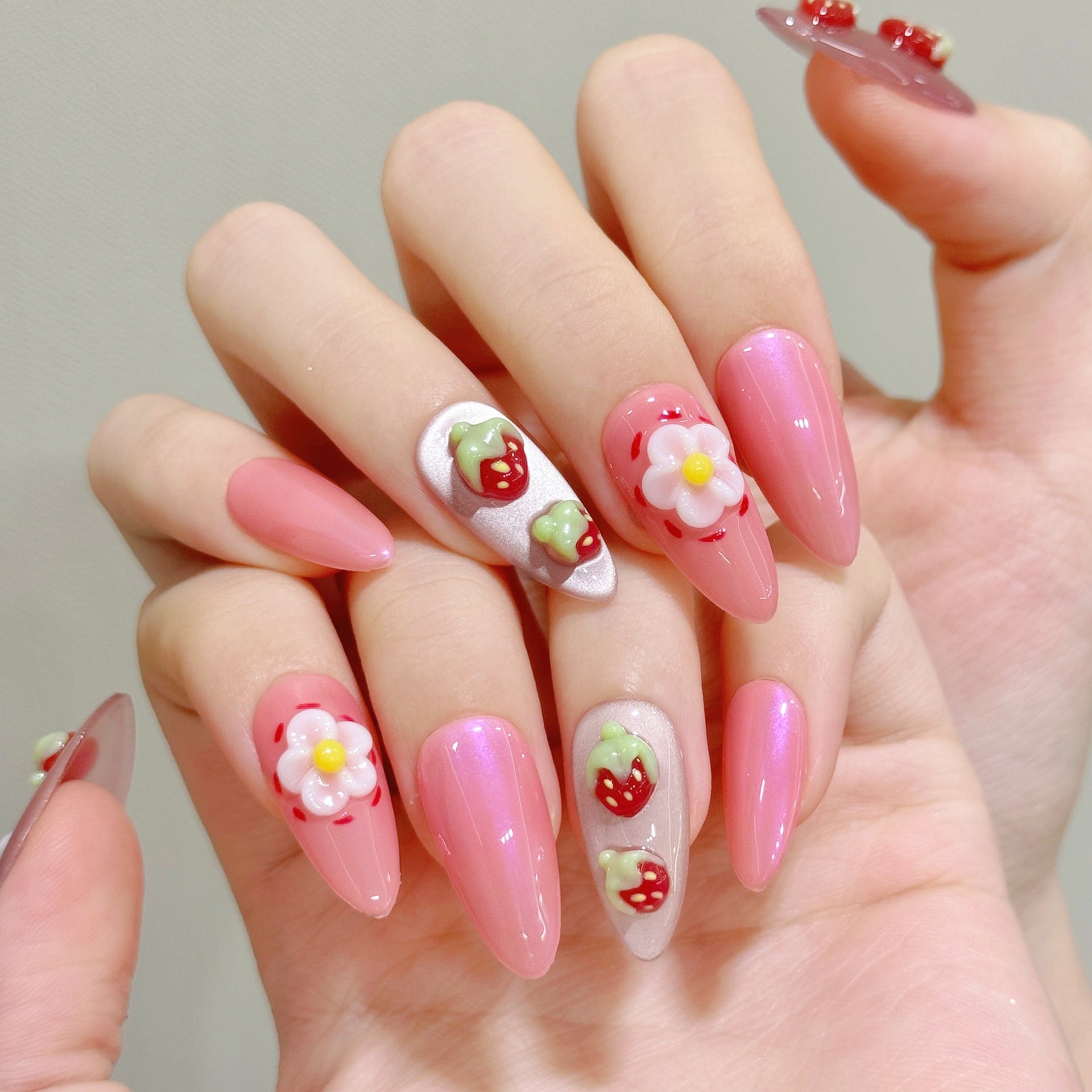 365nails: "Strawberry Fields" – 3D Fruit & Floral Handmade Long Almond Nails