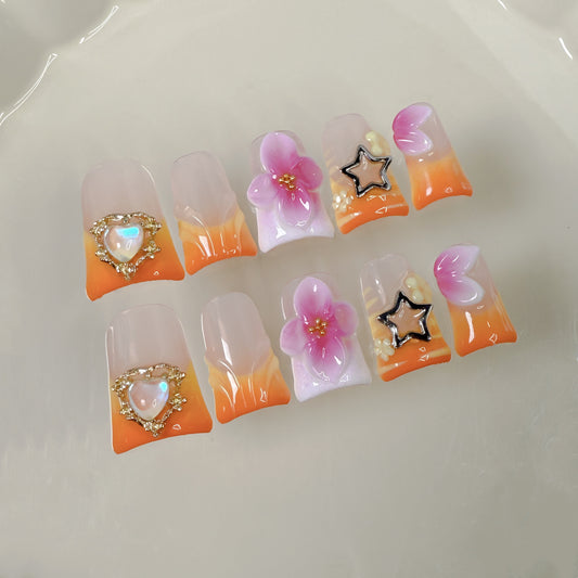 Duck beak nail orange pink magic three-dimensional engraving ice through gradual change press-on nails pure handmade fake nail wholesale｜365nails