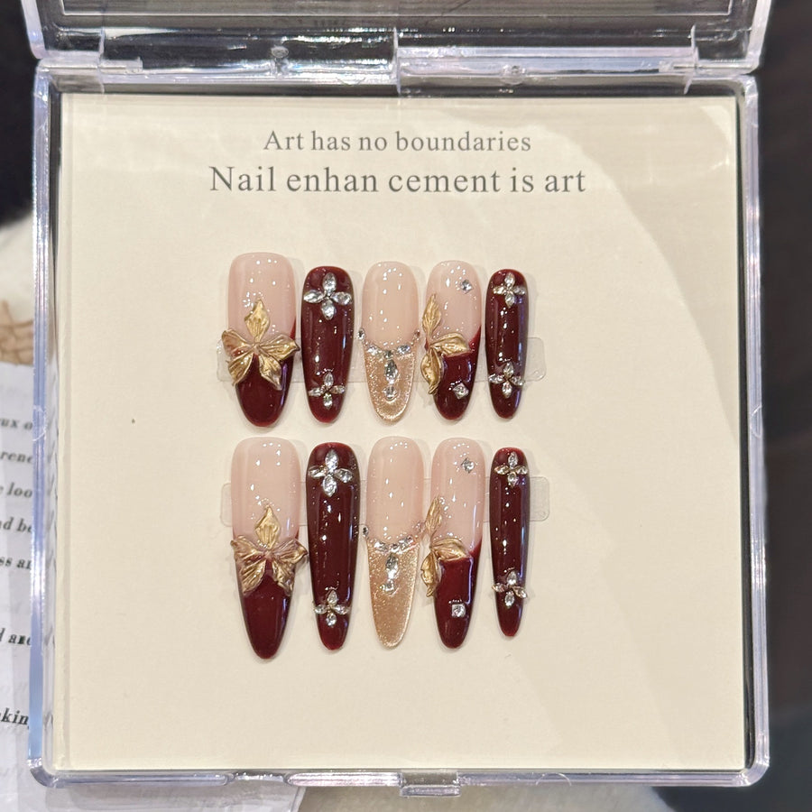 365nails: "Crimson Gold" – 3D Butterfly & Rhinestone Handmade Stiletto Nails