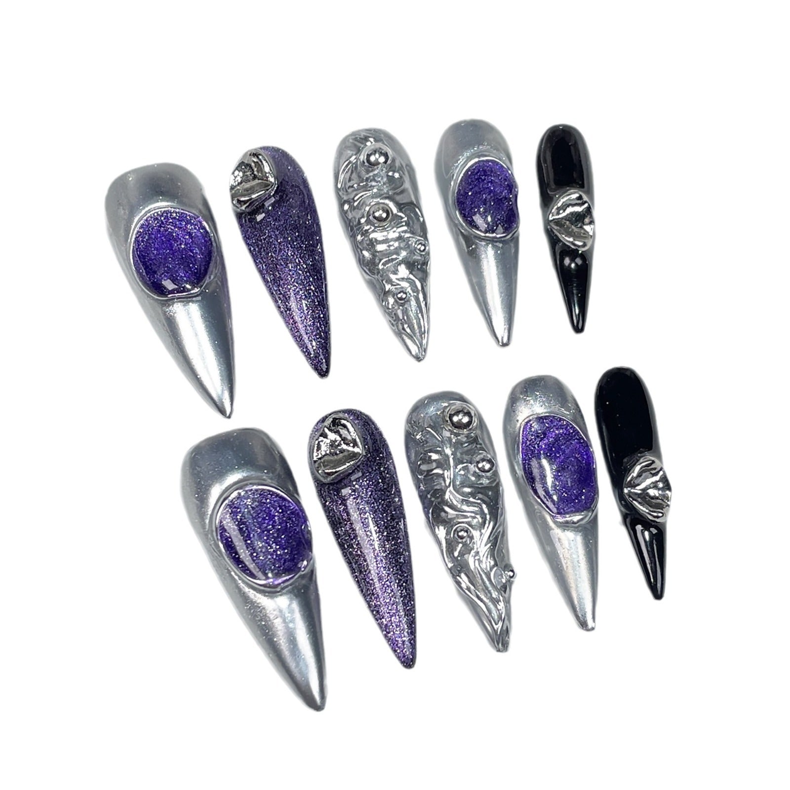 Uñas postizas hechas a mano, largas y puntiagudas, de metal, estilo retro, geniales y con un bonito parche para usar | 365nails