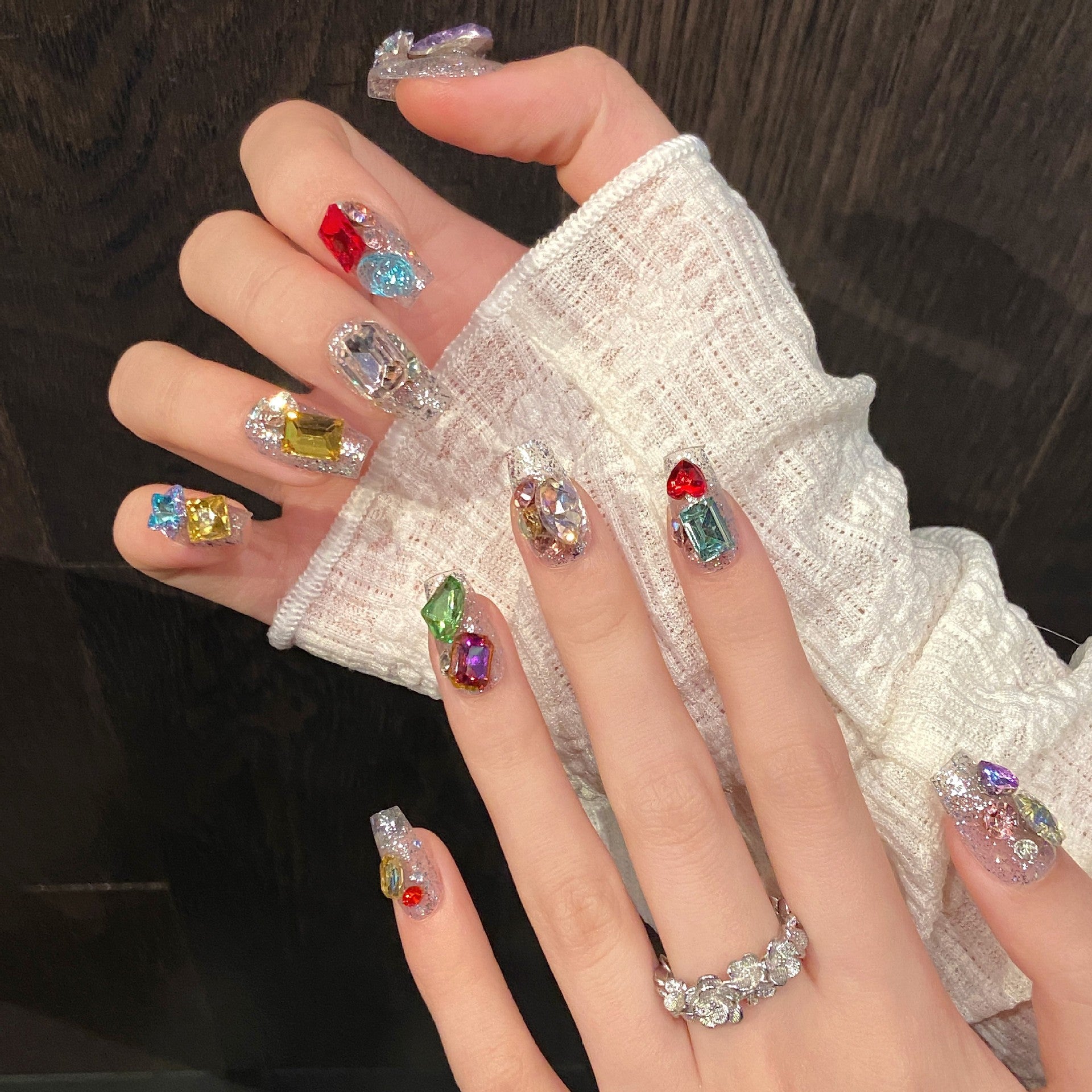 365nails: "Candy Gem" – Multi-Color Diamond & Glitter Handmade Short Square Nails