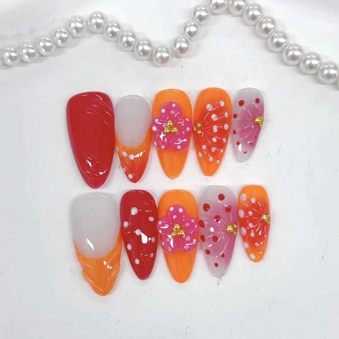 Tropical Bloom: "Coral Cherry" – Unhas Postiças Amêndoas