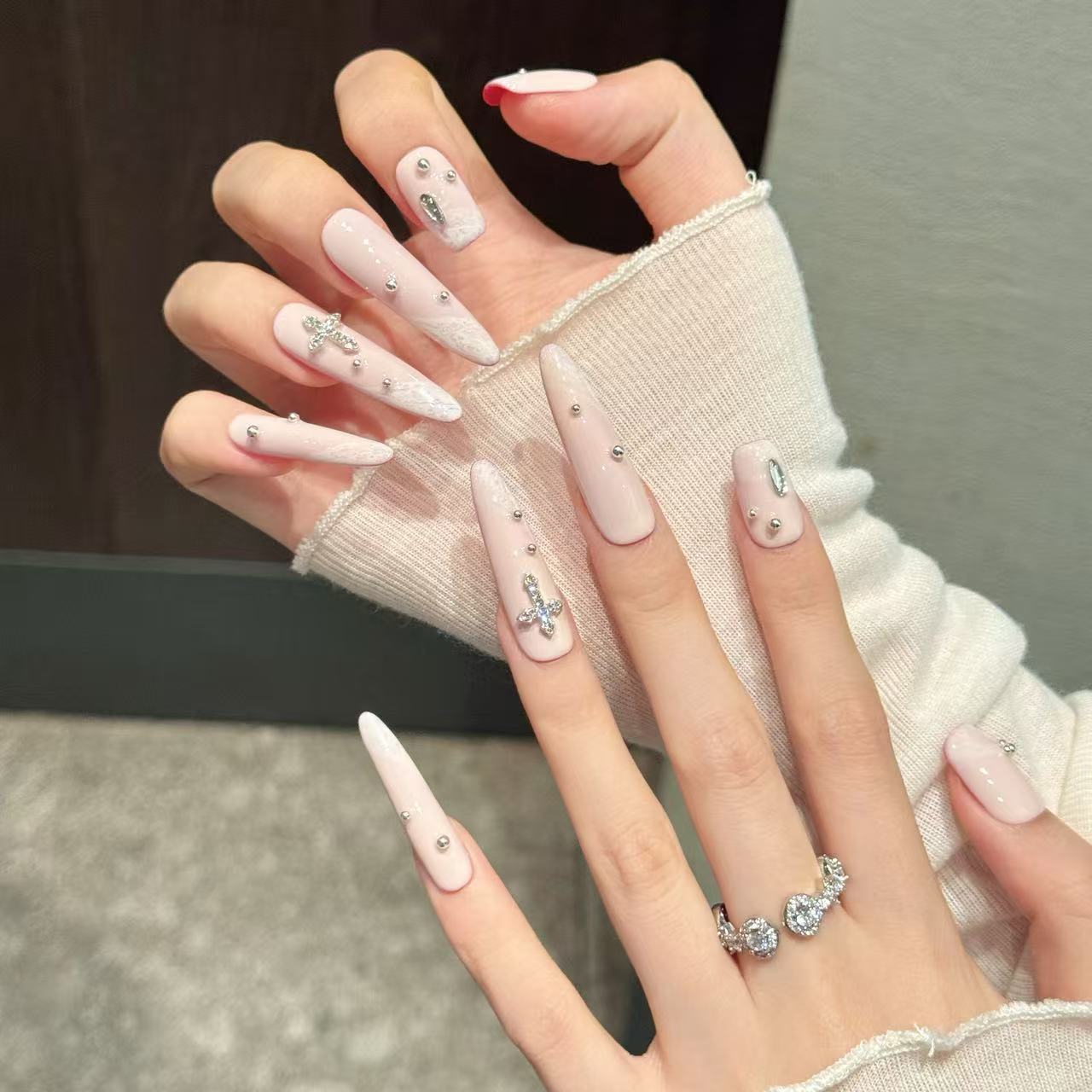 Elegant Pink Crystal Cross Glam Nails
