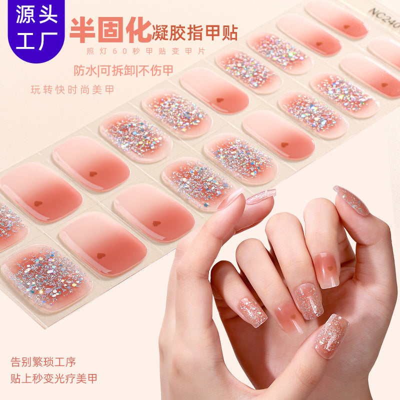Semi-Cured Gel Nail Strips French Glitter Pink Sparkle Glossy Set (MOQ=3)