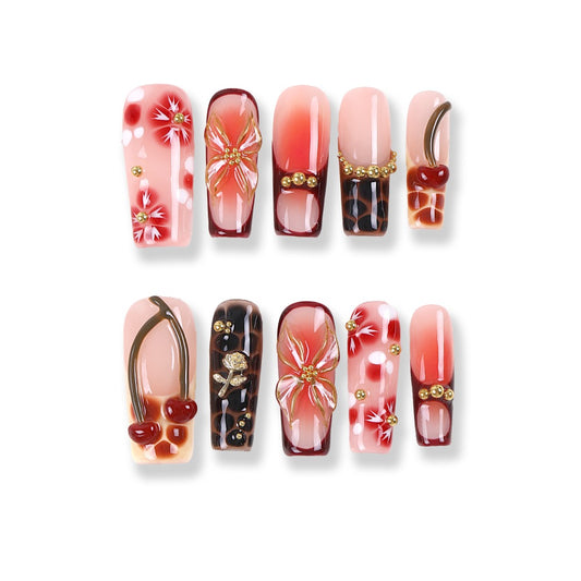 365Nails Cherry Bloom Leopard Ombre Square Press-On Nails