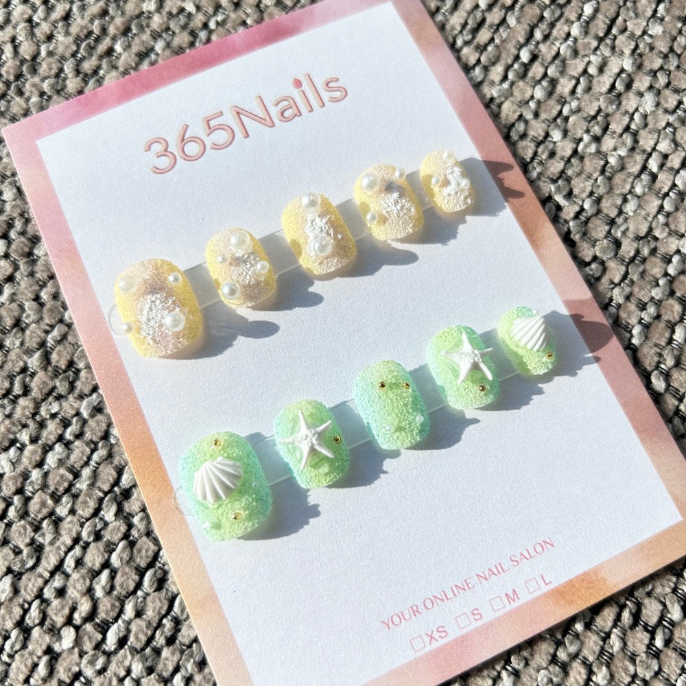 Sweet & Dopamine: "Citrus Mint Sorbet" – Sugar Texture Lemon & Green, 3D Shells, Starfish & Pearls Short Nails