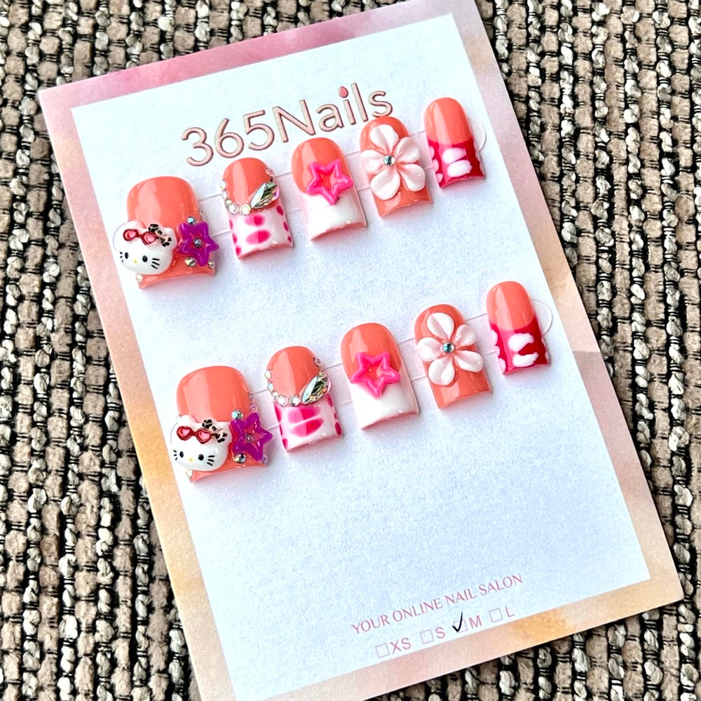 "Peach Hello Kitty" - Wholesale Ultra-Soft Flexible Fit Handmade Nails (MOQ=100)