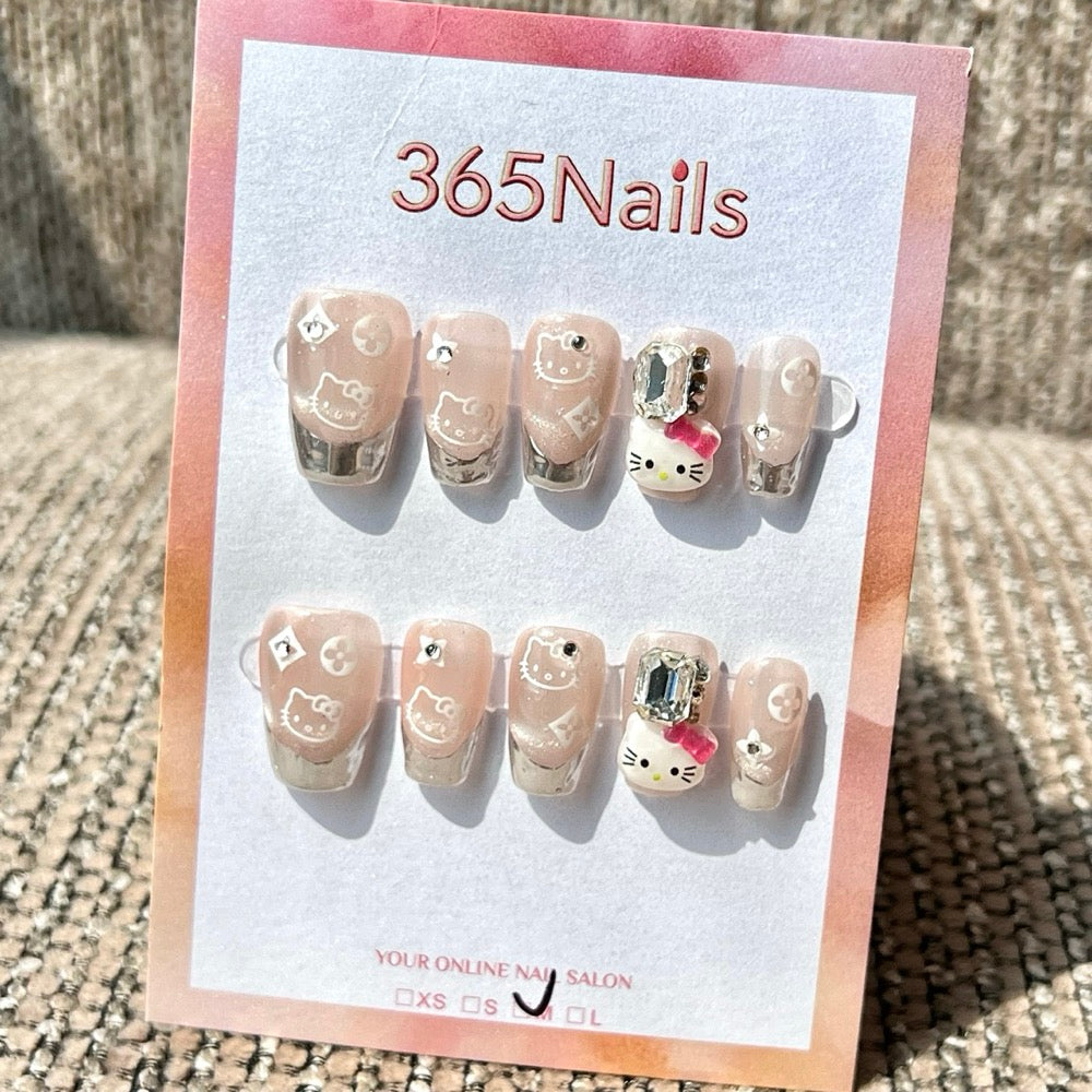 365nails: "Hello Kitty French" – 3D 헬로키티 수제 숏 스퀘어형 프레스온 네일
