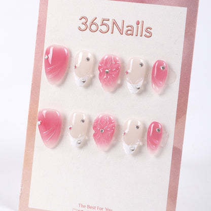 365Nails Milky French with Peach-Pink Ombre, 3D Floral Carving, and Crystal Accents Press-On Nails